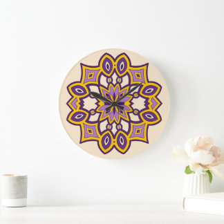 Purple and Yellow Flower Mandala Large Clock
