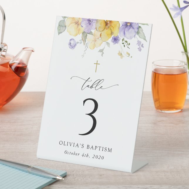 Purple and Yellow Flowers, Baptism Table Numbers Pedestal Sign (In SItu)