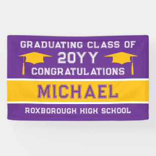 Purple and Yellow Gold School Colours Graduation Banner