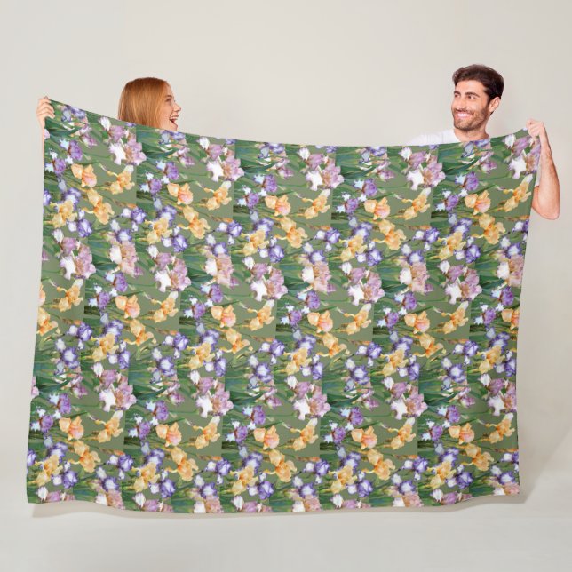 Purple and Yellow Irises / Floral Large  Fleece Blanket (In Situ)