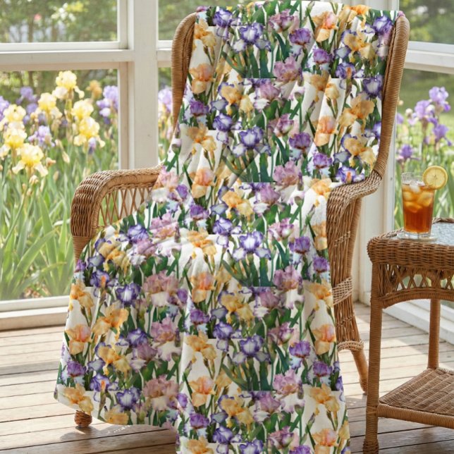 Purple and Yellow Irises / Floral Large  Fleece Blanket (lovely purple and yellow irises features on springtime fleece blanket mockup )