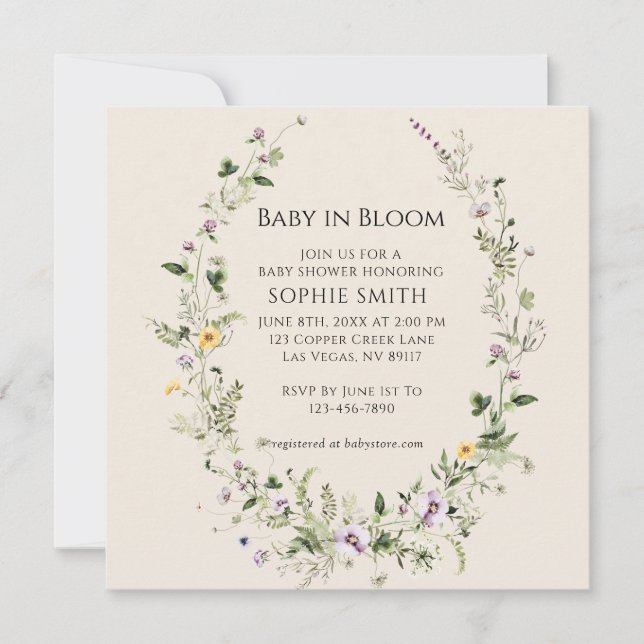 Purple and Yellow Little One In Bloom Baby Shower Invitation (Front)