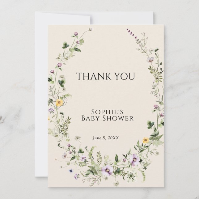 Purple and Yellow Little One In Bloom Baby Shower Thank You Card (Front)