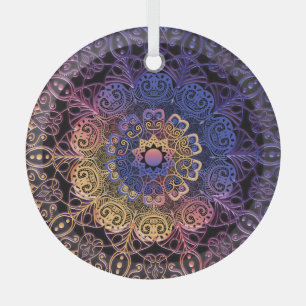 Purple and yellow mandala: hand-drawn design glass tree decoration