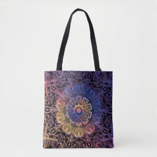 Purple and yellow mandala: hand-drawn design tote bag