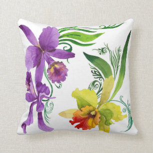Purple and Yellow Orchid Flowers Watercolour Cushion