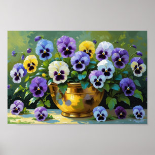 Purple and Yellow Pansies in Copper Vase – Vintage Poster