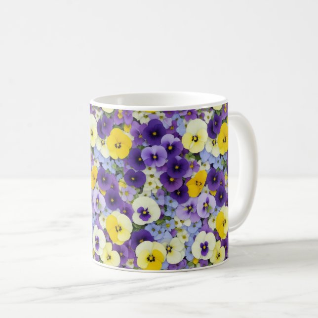 Purple and Yellow Pansy Flowers Coffee Mug (Front Right)