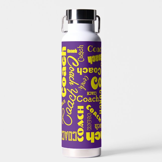 Purple and Yellow Personalised Coach Gift Name Art Water Bottle (Front)