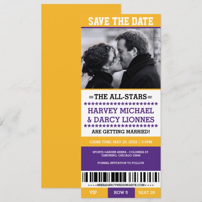 Purple and Yellow Sports Ticket Save the Date Invitation (Front/Back)