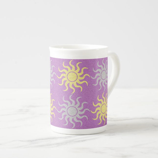 Purple and yellow sun pattern bone china mug (Front Right)