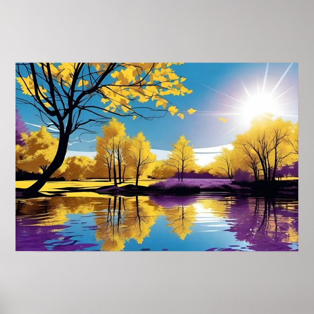 Purple and Yellow Tree Reflection on Peaceful Lake Poster (Front)