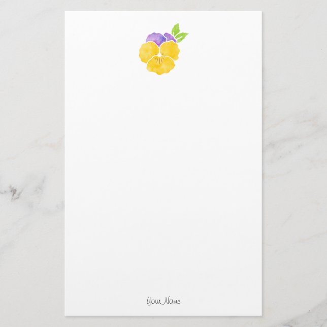 Purple and Yellow Watercolor Pansy Stationery (Front)