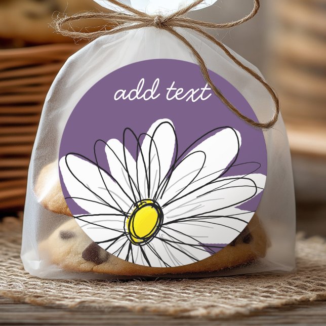Purple and Yellow Whimsical Daisy Custom Text Classic Round Sticker (Personalized Sticker)