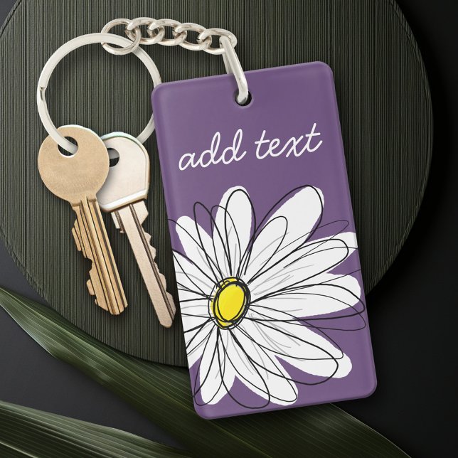 Purple and Yellow Whimsical Daisy Custom Text Key Ring (Personalized Keychain - add a monogram or name)
