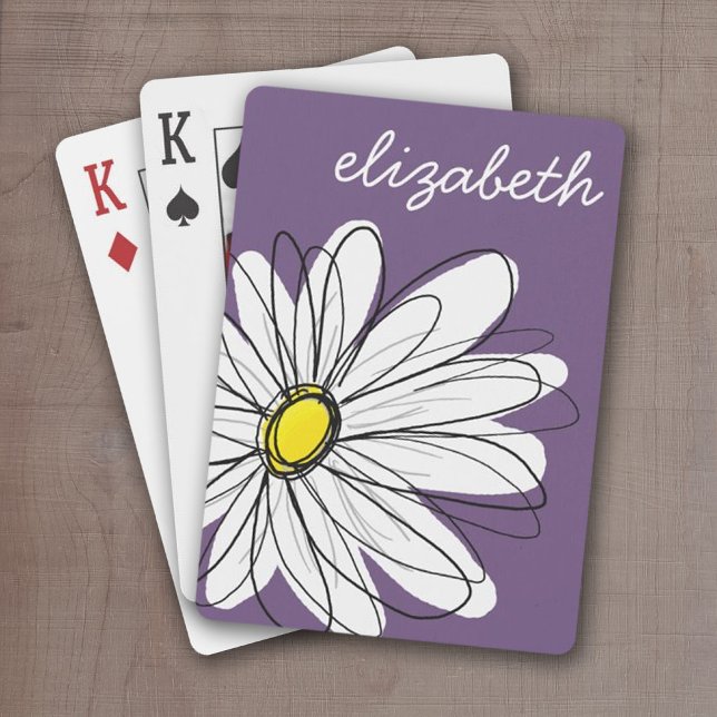 Purple and Yellow Whimsical Daisy Custom Text Playing Cards (Personalized playing cards - purple whimsical daisy)