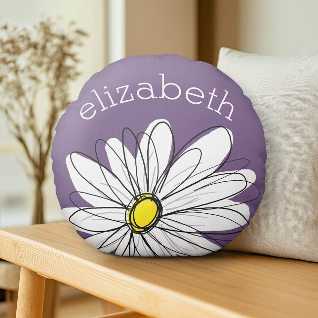 Purple and Yellow Whimsical Daisy Custom Text Round Cushion (Custom Pillow)