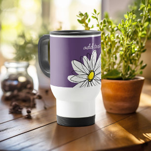 Purple and Yellow Whimsical Daisy Custom Text Travel Mug
