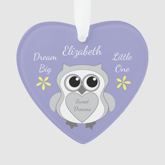 Purple and yellow with owl and baby name ornament (Front)