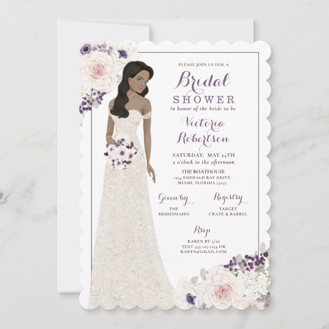 Purple Anemone Bride in Gown Bridal Shower Invitation (Front)