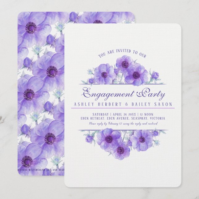 Purple anemone floral watercolor engagement invitation (Front/Back)