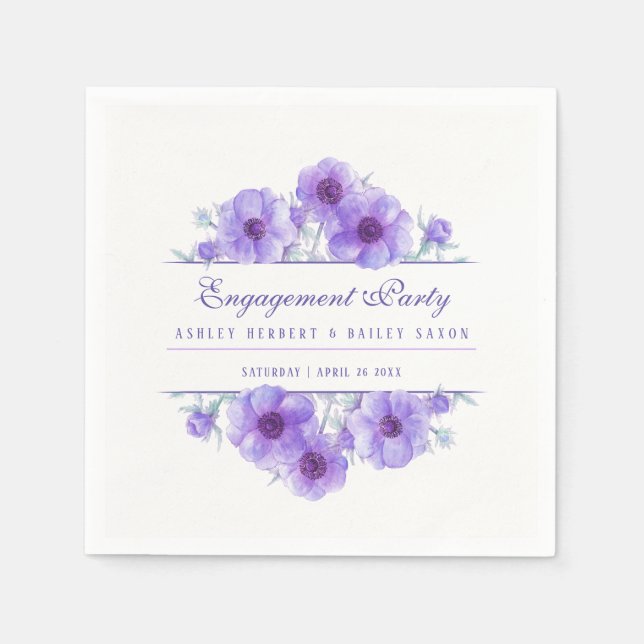 Purple anemone floral watercolor engagement napkin (Front)