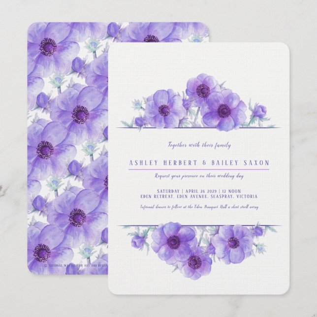 Purple anemone floral watercolor wedding invitation (Front/Back)
