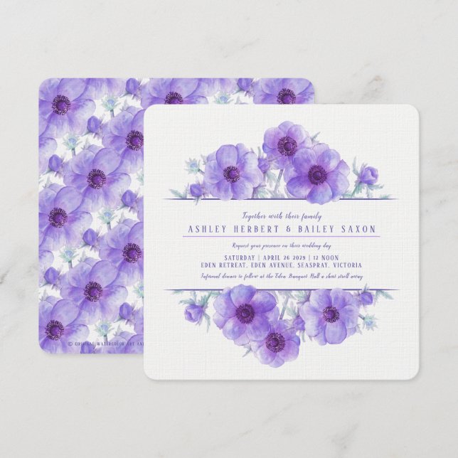 Purple anemone floral watercolor wedding invites (Front/Back)