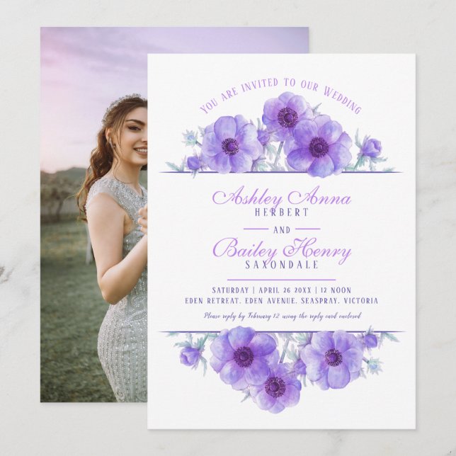 Purple anemone floral watercolor wedding photo invitation (Front/Back)