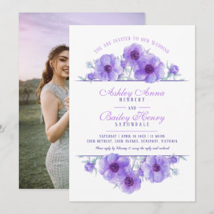 Purple anemone floral watercolor wedding photo invitation