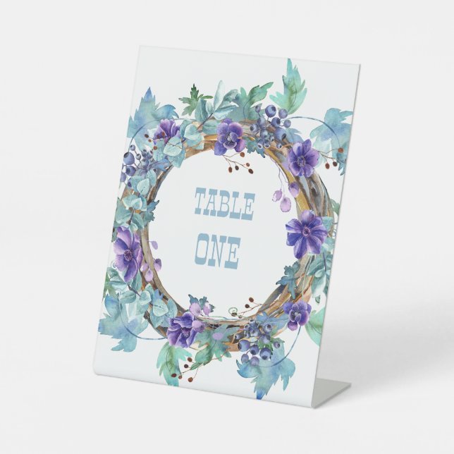 Purple Anemone Floral Wreath Tabletop  Pedestal Sign (Front)