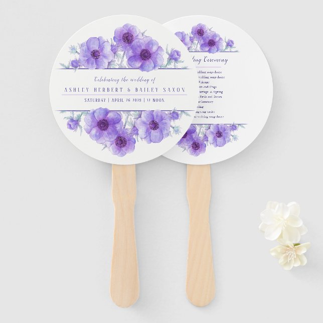 Purple anemone flower art ceremony wedding fans (Front and Back)