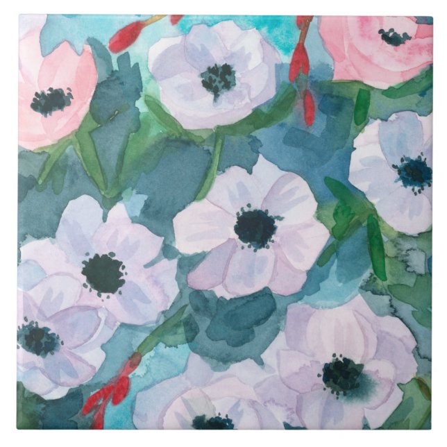 Purple Anemone Flowers Watercolor Tile (Front)