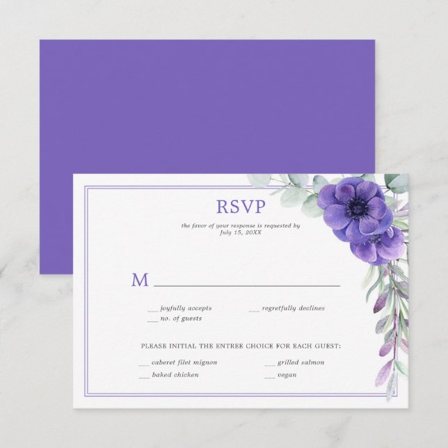 Purple Anemone Greenery Double Frame RSVP Card (Front/Back)