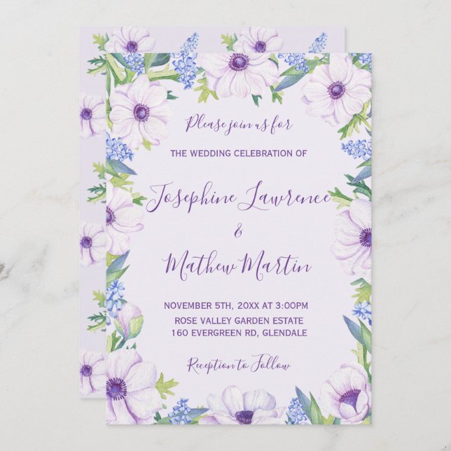 Purple Anemone Hyacinth Spring Wedding Invitations (Front/Back)