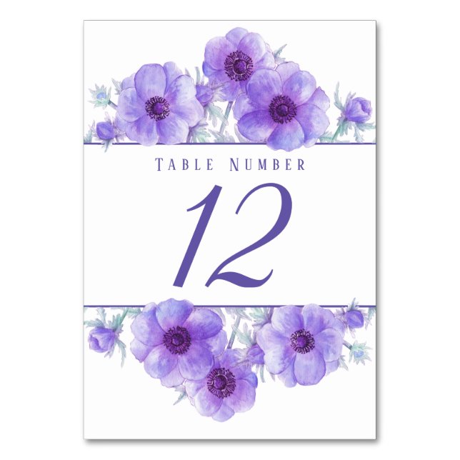 Purple anemone watercolor art table numbers (Front)
