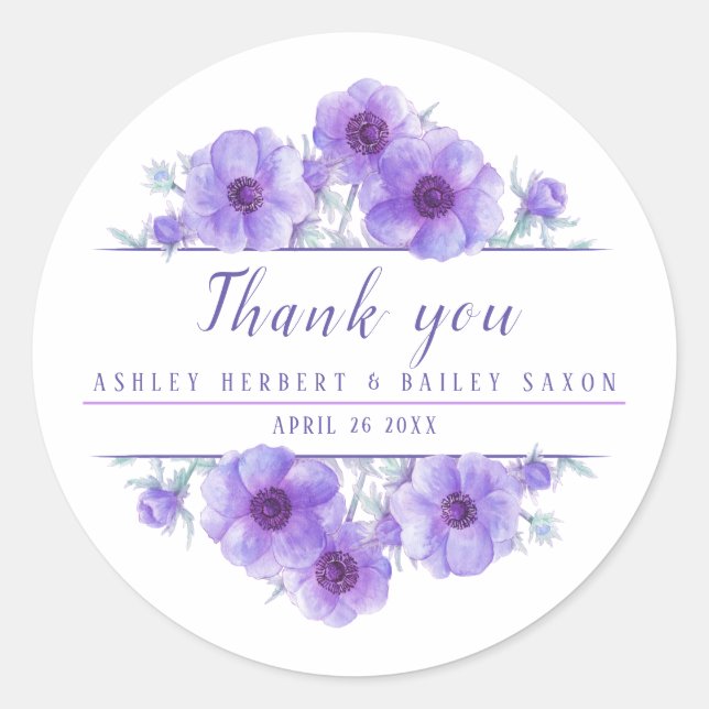 Purple anemone watercolor wedding favour stickers (Front)