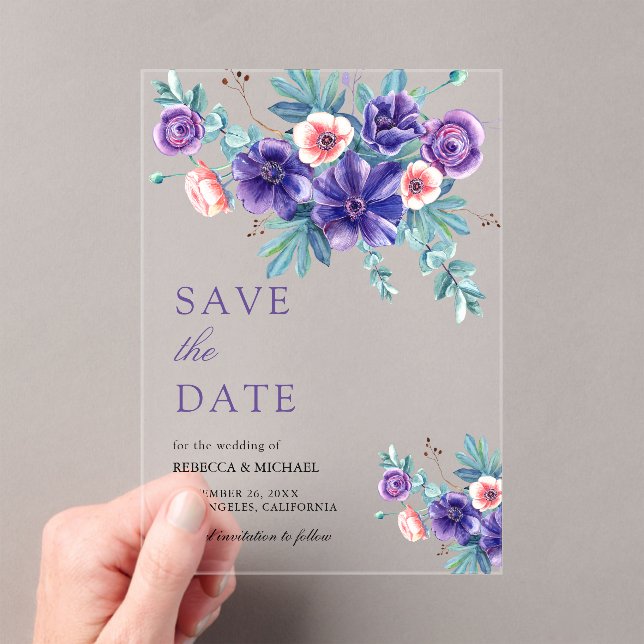 Purple Anemones Bouquet Wedding Save the Date Acrylic Invitations (Insitu (Handheld))