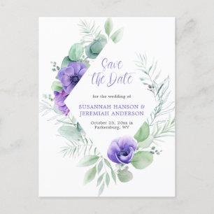 Purple Anemones Greenery Frame Save the Date Announcement Postcard