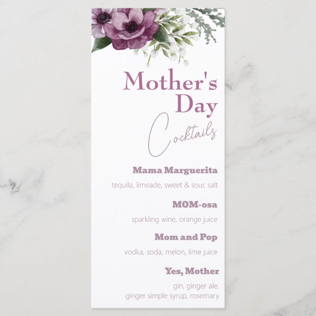 Purple Anemones Mother's Day Cocktails Menu (Front)
