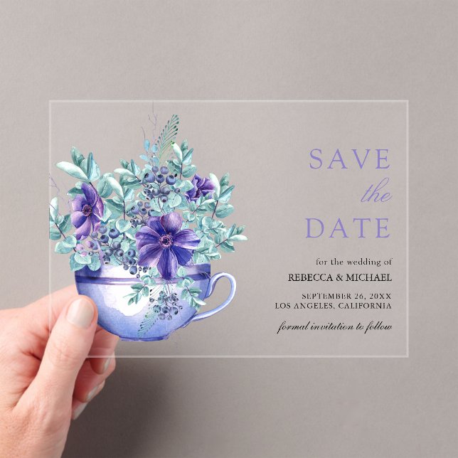 Purple Anemones Tea Cup Wedding Save the Date Acrylic Invitations (Insitu (Handheld))