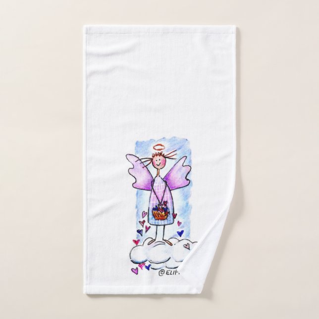 Purple Angel on White Cloud with Basket of Hearts Hand Towel (Hand Towel)