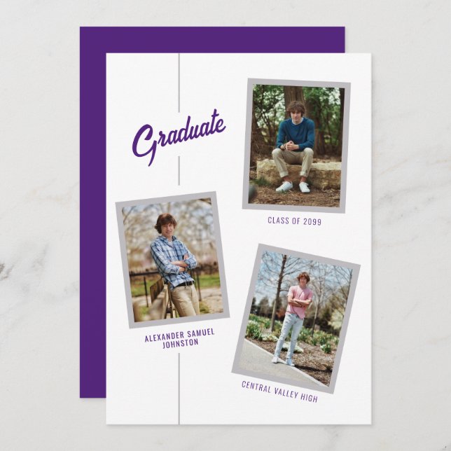 Purple Angled Four-Photo Graduation Announcement (Front/Back)