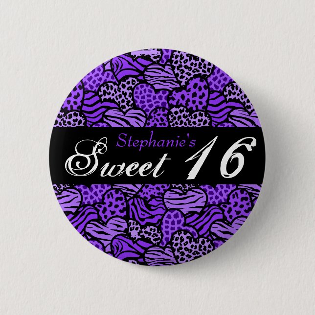 Purple animal pattern hearts Sweet 16 Button (Front)