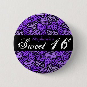 Purple animal pattern hearts Sweet 16 Button