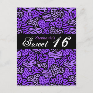 Purple animal pattern hearts Sweet 16 Postcard