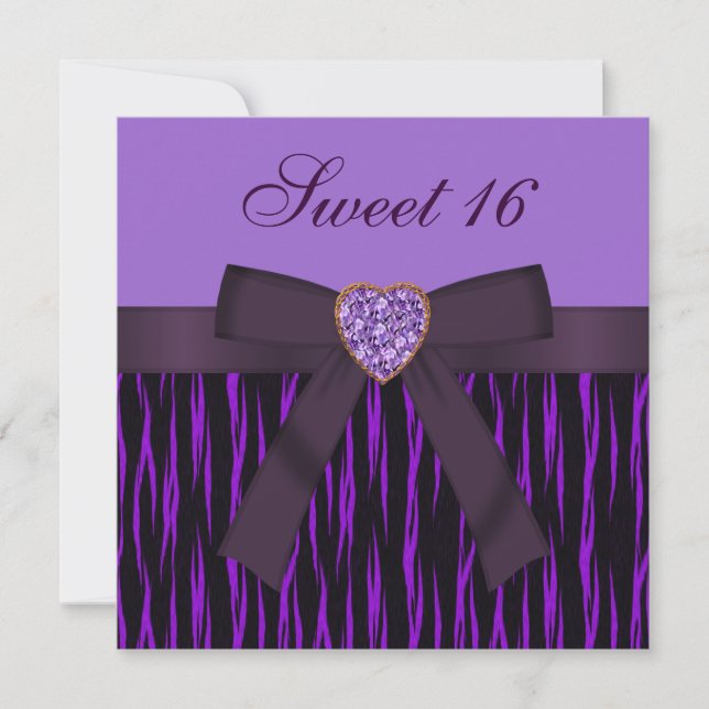 Purple Animal Print & Heart Jewel Sweet 16 Invites (Front)