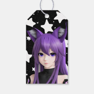 Purple Anime Girl with Fox Ear Headband Birthday Gift Tags