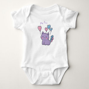 Purple anime kitten and hearts, personalized baby bodysuit