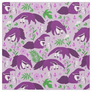 purple anteater cute animal floral fabric